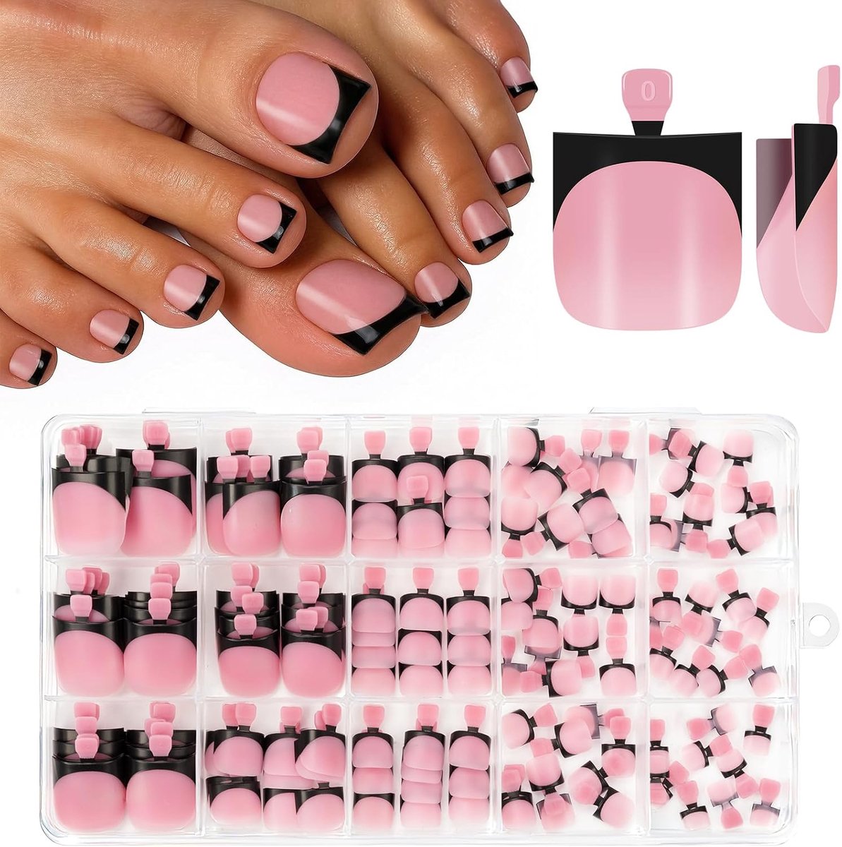 150 Stuks Franse Teennagels om op te Plakken, 15 Maten Press-on Voetnagels, Franse Korte Kunstnagels, Franse Korte Vierkante Teennagels, Volledige Dekking, voor Vrouwen
