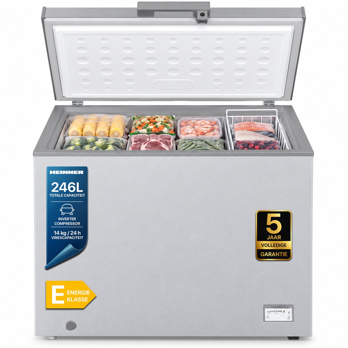 Heinner HCF-HM246CSE++ Vrieskist – 246 L – Convertible (Koelkast/Vriezer) – Elektronische Bediening – Afsluitbaar – Inverter Compressor – Zilver – 5 Jaar Garantie