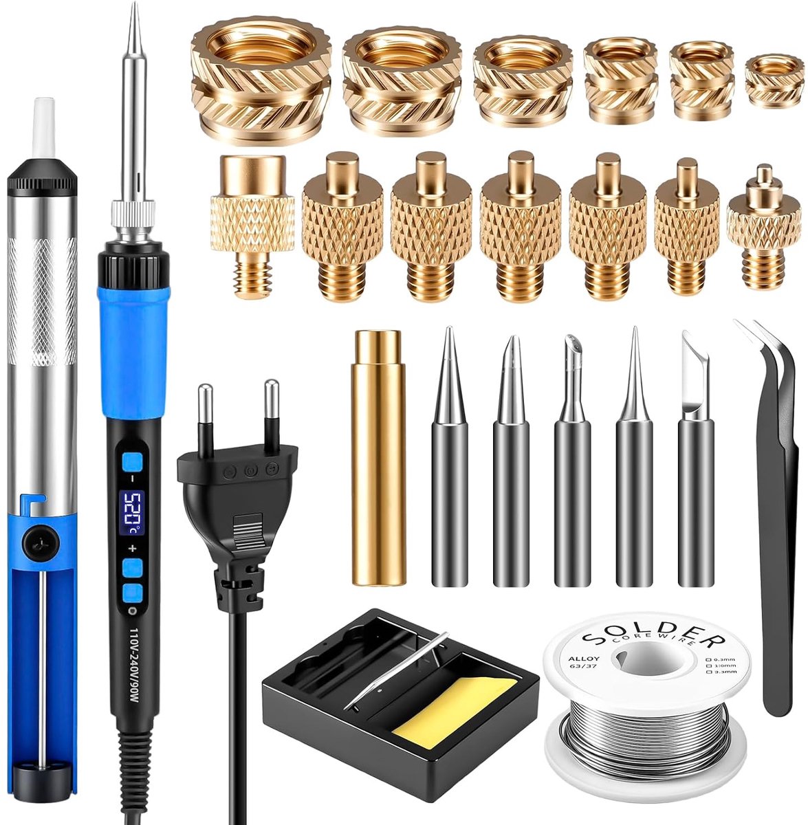 Tin Schroefdraad Inzetstukken Set, Precisie Soldeerbout met 90W, Complete Set van 138 Stuks (M2/M3/M4/M5/M6/M8/936) voor Solderen, Inzetstukken voor Moeren en 3D-Printers