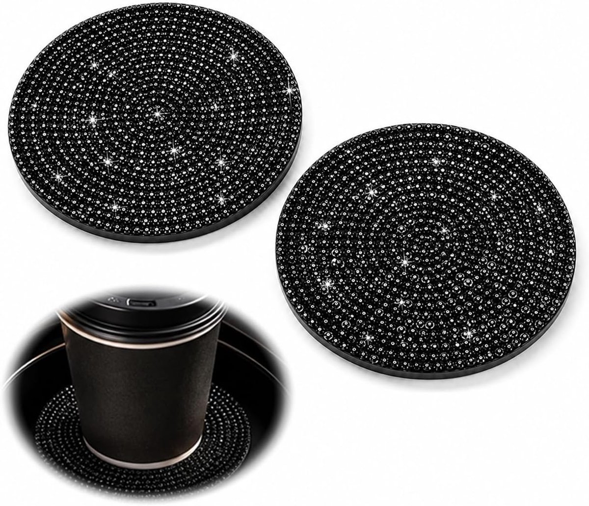 Set van 2 siliconen auto-onderzetters met kristalsteentjes – Inzetstukken voor bekerhouders met strass-design – Stijlvol interieuraccessoire voor vrouwen