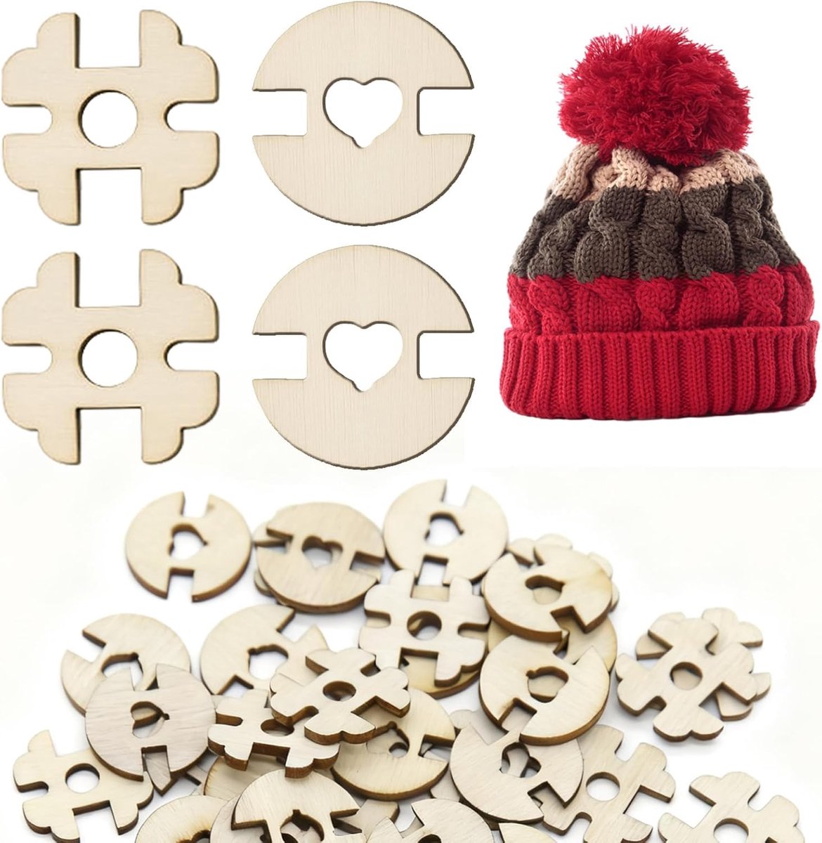Knopen voor mutsen, 2 stijlen houten houder met afneembaar ontwerp, breiaccessoires voor het breien van mutsen, aannaaibare knopen voor haakprojecten, cadeau voor knutselliefhebbers