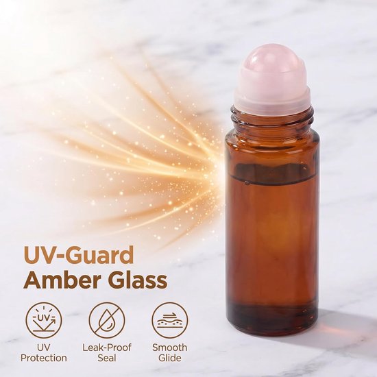 Roze Kwarts Roller Ball Flessen voor Essentiële Oliën, 2-pack 50ml Lege Navulbare Amberkleurige Glazen Roll-on Flessen met Kristal Rollerball voor Castor Olie, Uitgerust met een Trechter en Bal — afbeelding 5