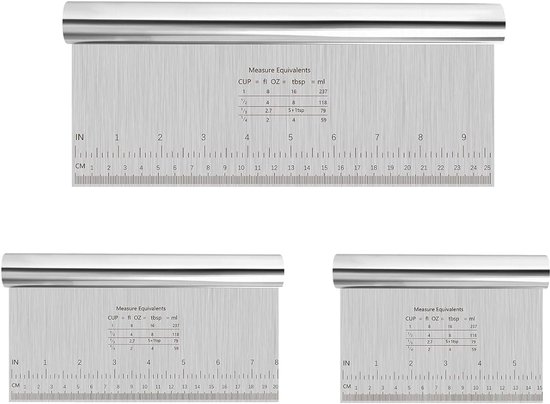 3 stuks deegschrapers roestvrij staal, anti-aanbak, deegkaart roestvrij staal, 15/20/25 cm deegsnijder met meetschaal, groenteschep, keukenschraper voor cake, pizza, cake, cake, cake, deeg, bakgerei — afbeelding 5