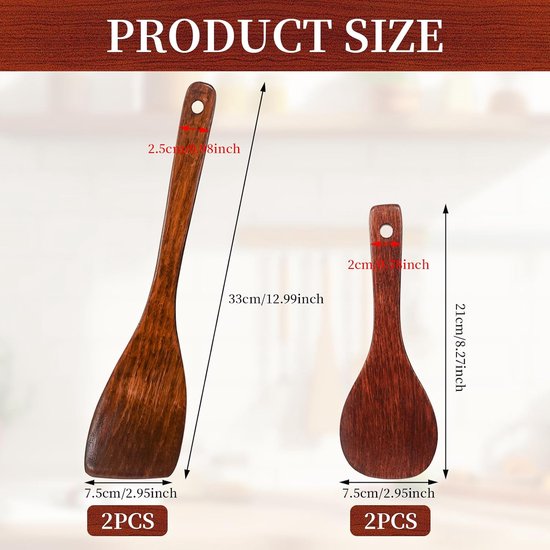 2 stuks houten spatel met lange steel, hittebestendige en niet-klevende houten spatels voor pan, kookgerei en wok (33/21 cm) — afbeelding 2