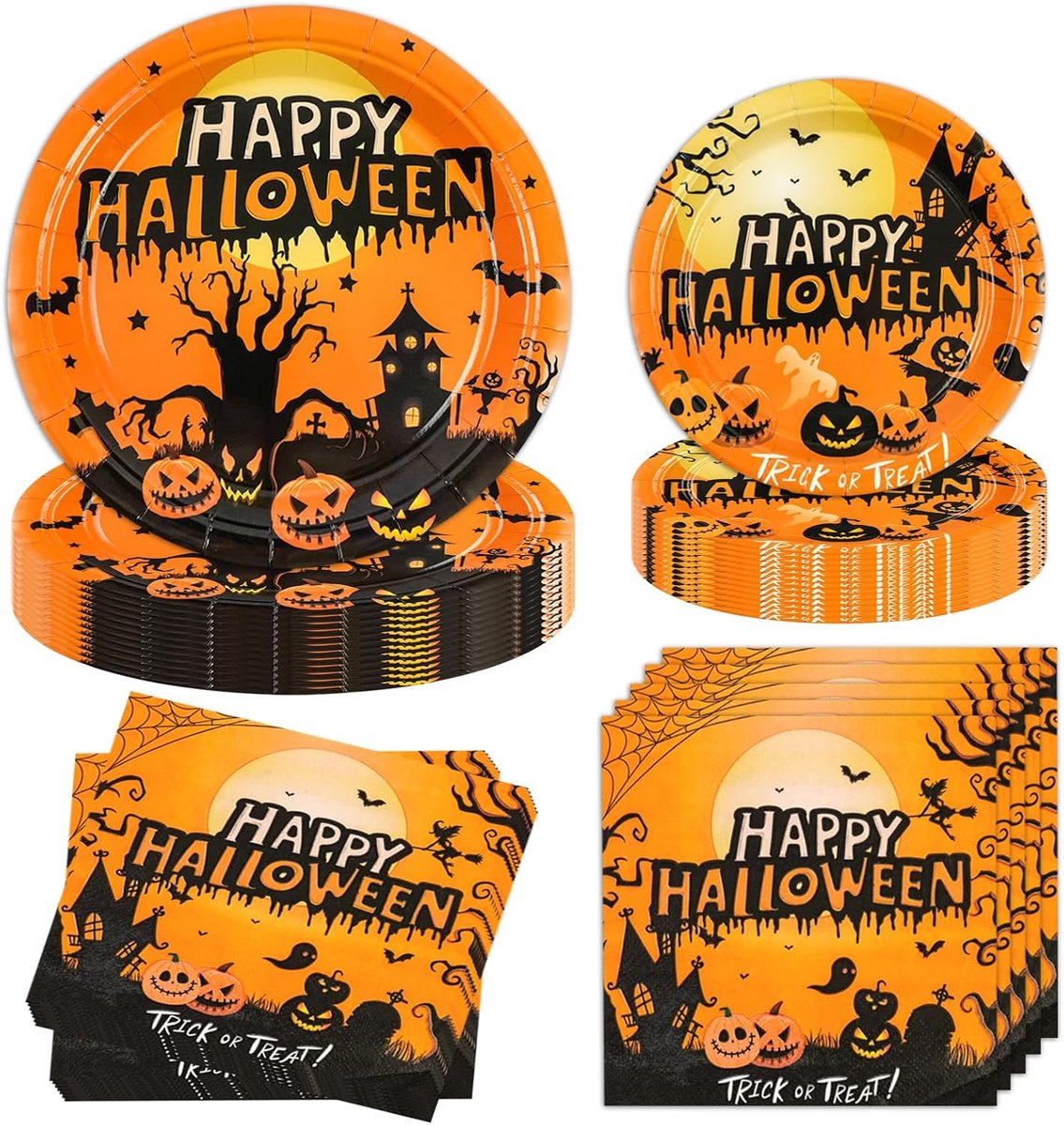 60 stuks Halloween partyserviesset, Halloween wegwerpservies met papieren borden, themafeestborden, servetten, feestservies, herfstdecoratie voor verjaardag, feest, kinderen, feestdecoraties