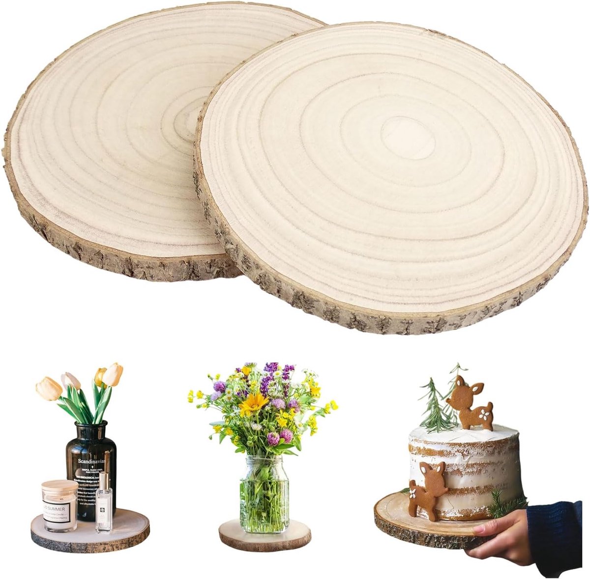 2 stuks gepolijste Paulownia houten schijven, rond, Ø 30-35 cm, ongeboorde, grote decoratieve plank, houten schijven om te knutselen, boomstamdecoratie