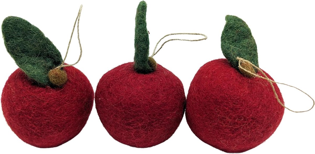 3 appels in originele grootte (7 cm) van vilt, handgemaakt met ophangsysteem. Tafeldecoratie met kunstappel in helder rood