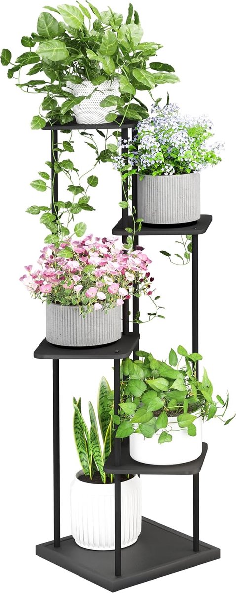 Plantenstandaard, 5 etages, bloemenstandaard, 106 cm, bloementrap, bloemenrek, plantentrap van hout en metaal, decoratie voor balkon, tuin, woonkamer, kantoor, zwart