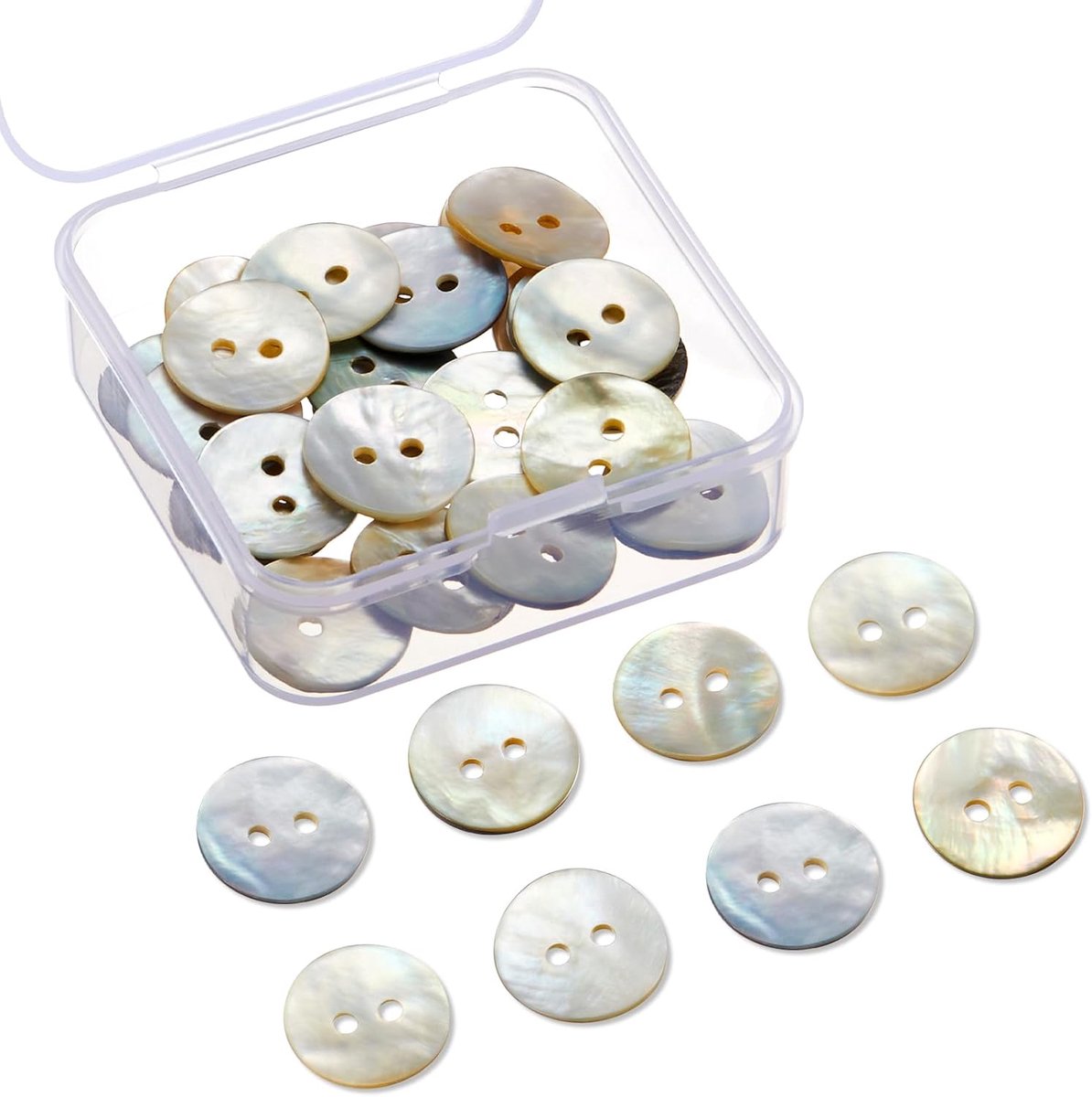 Knopen met transparante mini-opbergdoos, platte natuurlijke schelpknopen, natuurlijk parelmoer, zelf naaien, knutselen voor kleding, rokken, mantels, doe-het-zelf