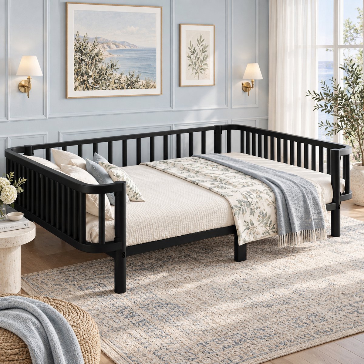 Welltin Tweepersoonsbed 140x200 cm - Slaapbank - Vloerbed - Metalen bedframe - Met Lattenbodem - Bespaar ruimte - Stevig en duurzaam - Scandinavisch design - Zwart