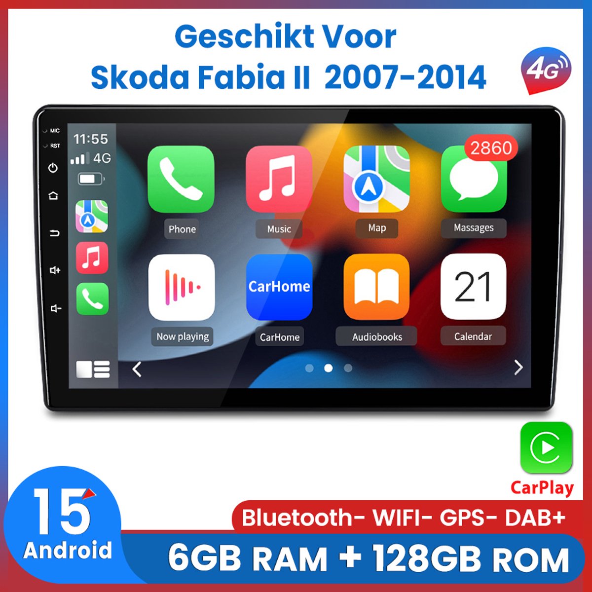 Awesafe 6+128GB Android15 Carplay Autoradio - Geschikt Voor Skoda Fabia II 2007 t/m 2014 - Draadloze Carplay Android Auto - Touchscreen - GPS Navigatie 4G WiFi - Bluetooth Radio - Ram 6GB + Rom 128GB - Ondersteuning invoegen 4G SIM