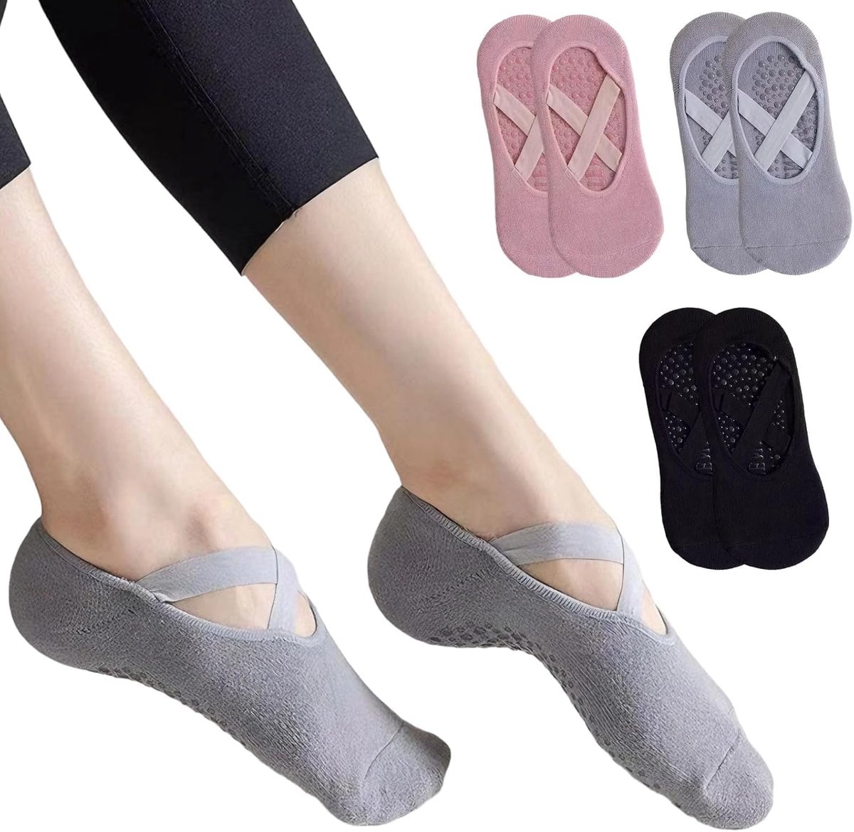 Sokken voor dames (3 paar), antislipsokken voor dames, voor yoga, ballet, barre en fitness, maat 36-39, zwart, grijs, roze