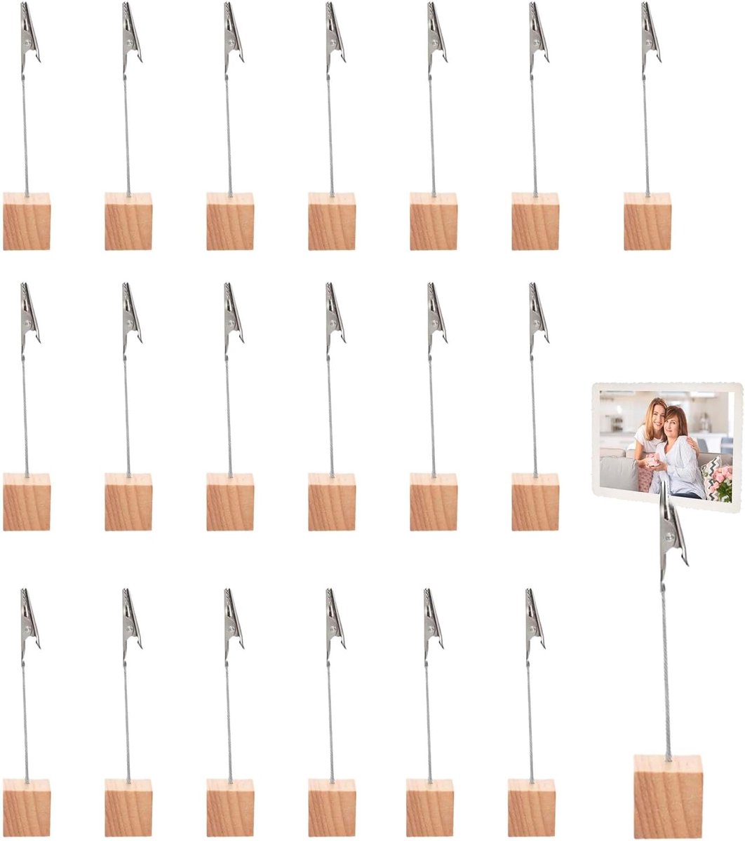 20 stuks fotohouder met klemmen, houten memo clip houder, memo clip houder standaard, postkaarthouder, fotostandaard, fotoopsteller, tafelkaarthouder voor huisdecoratie kantoor feest