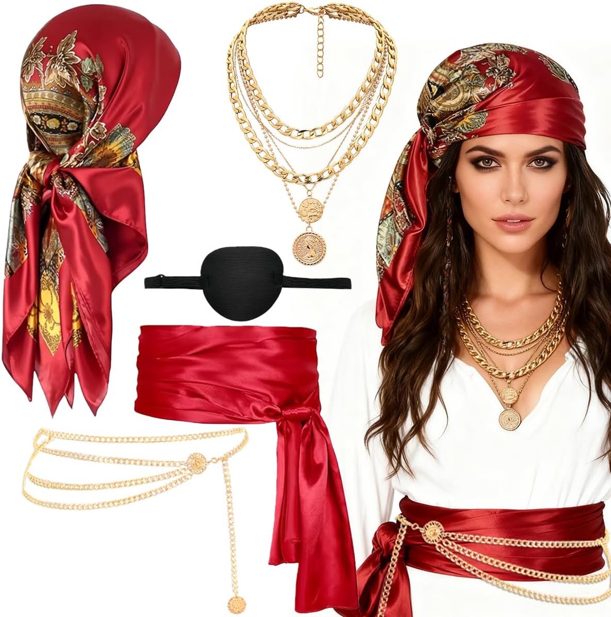 5 stuks accessoires piratenkostuum voor dames, piratenkostuum, carnavalskostuum, dameskostuum, bandana, riem, riem, riem voor carnaval