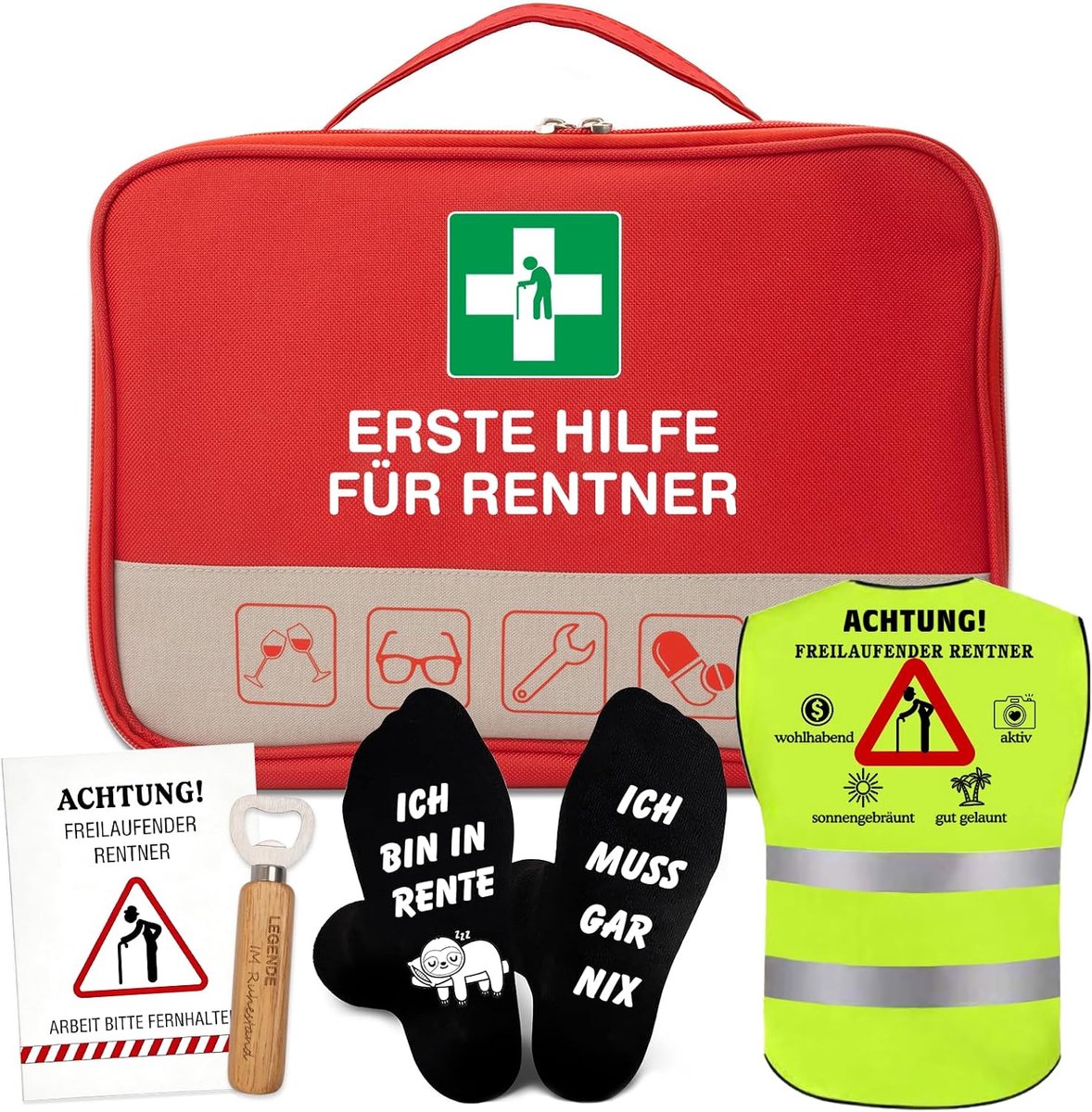 Pensioencadeau voor mannen, grappige cadeaus voor pensioen, EHBO-tas, pensioenvest, sokken, flesopener, kaart, afscheidscadeau voor collega's, pensioenontvangst, cadeau voor pensioen