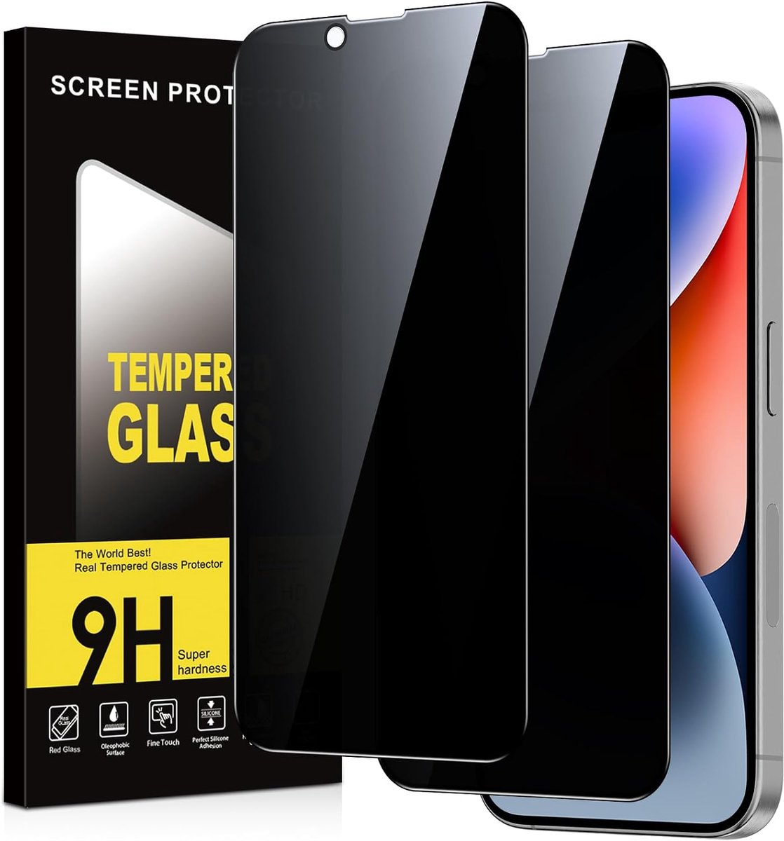 Glas voor iPhone 14, anti-spionage, 2 stuks, screenprotector, hardheid 9H, krasbestendig, zonder luchtbellen, anti-spy, privacy, privacybescherming