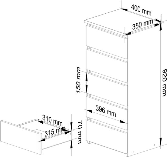Technische tekening van een taupekleurige ladekast met afmetingen in mm. Een uitgeschoven lade is ook afgebeeld met afmetingen.