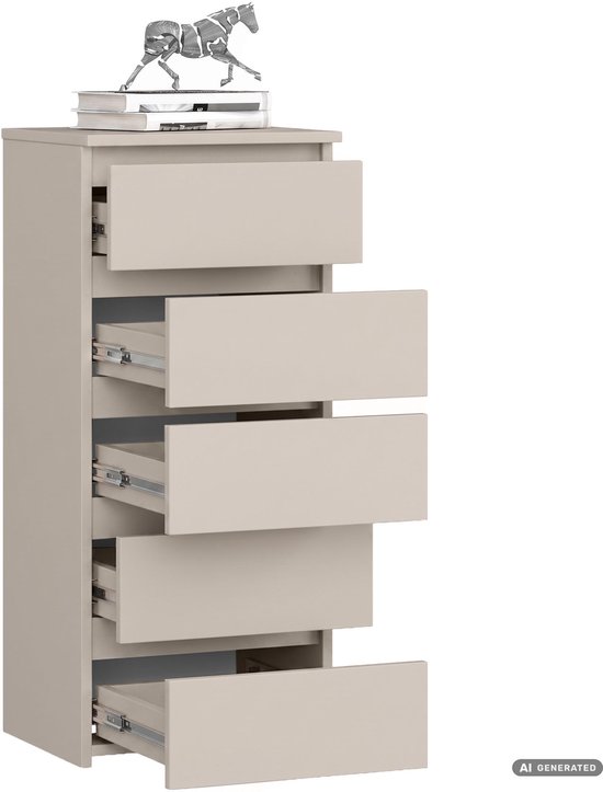 Taupekleurige ladekast met vijf lades, waarvan enkele open, met metalen rails zichtbaar.