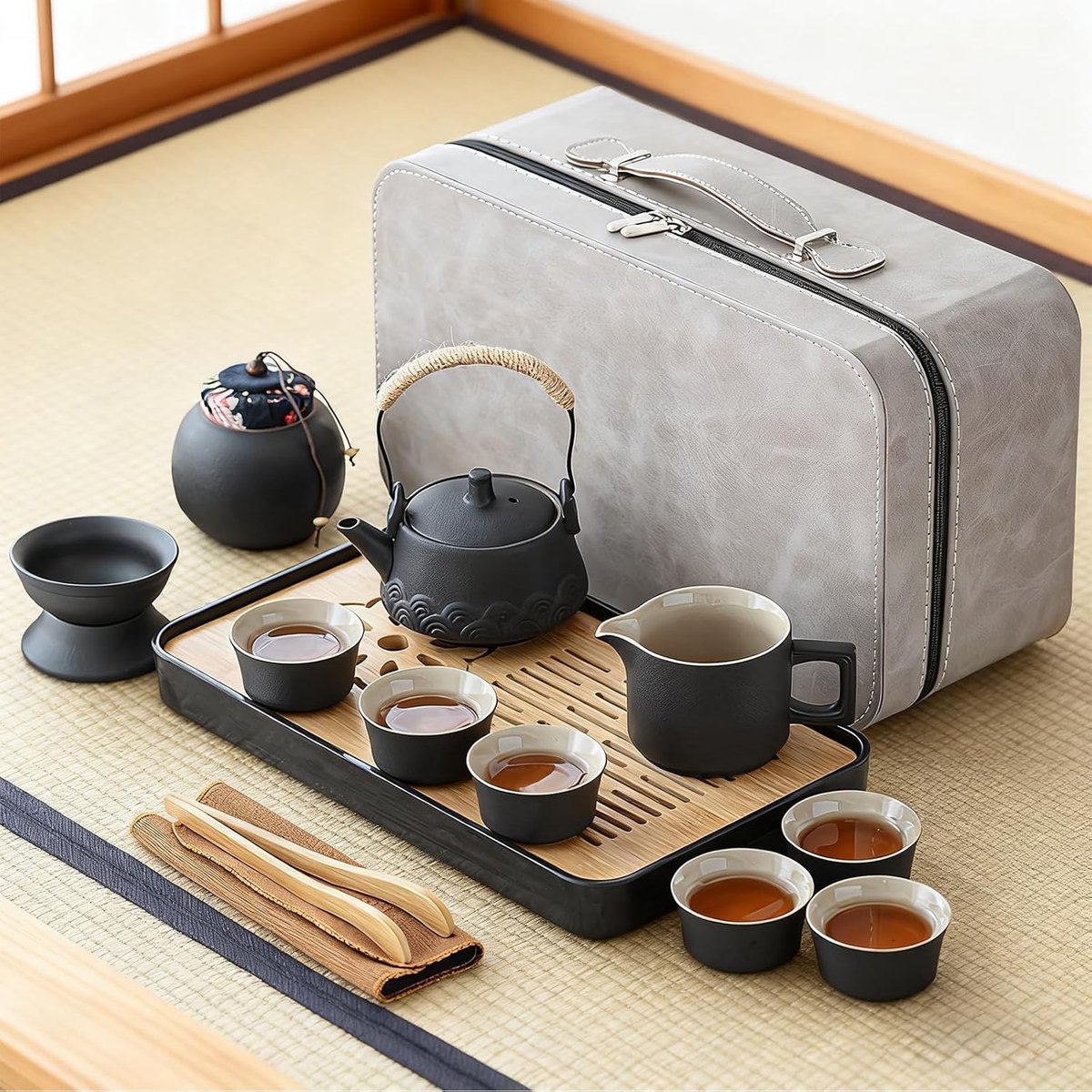 Japanse Chinese theeservies, 14 stuks Gongfu Theepotset met 6 kleine kopjes, Canister Tray Zeef, Traditionele Kung Fu Theeceremonie Kit Draagbare Keramische Theeservies voor Thuiskantoor Reizen