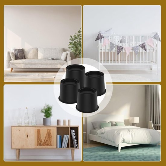 4 stuks meubelverhoger 10 cm, ronde bedverhoger & tafelverhoger van stevig kunststof, voor bed, sofa, bureau, stoel, olifantenvoet vloerbescherming & extra opbergruimte, zwart — afbeelding 2