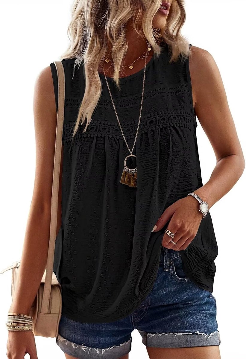 Mouwloze Top met Ronde Hals Boho Stijl Elegante Zomer Tank Top Kant Casual Geplooide Luchtige Losse Tuniek Tops