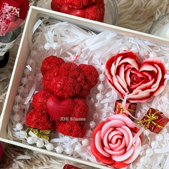 Berenkaarsvorm, 3D-siliconen vormen voor beren, verjaardagscadeaus, moederdaggeschenken, huwelijksgeschenken en vitrines (set van drie delen: beer + bloem) — afbeelding 5