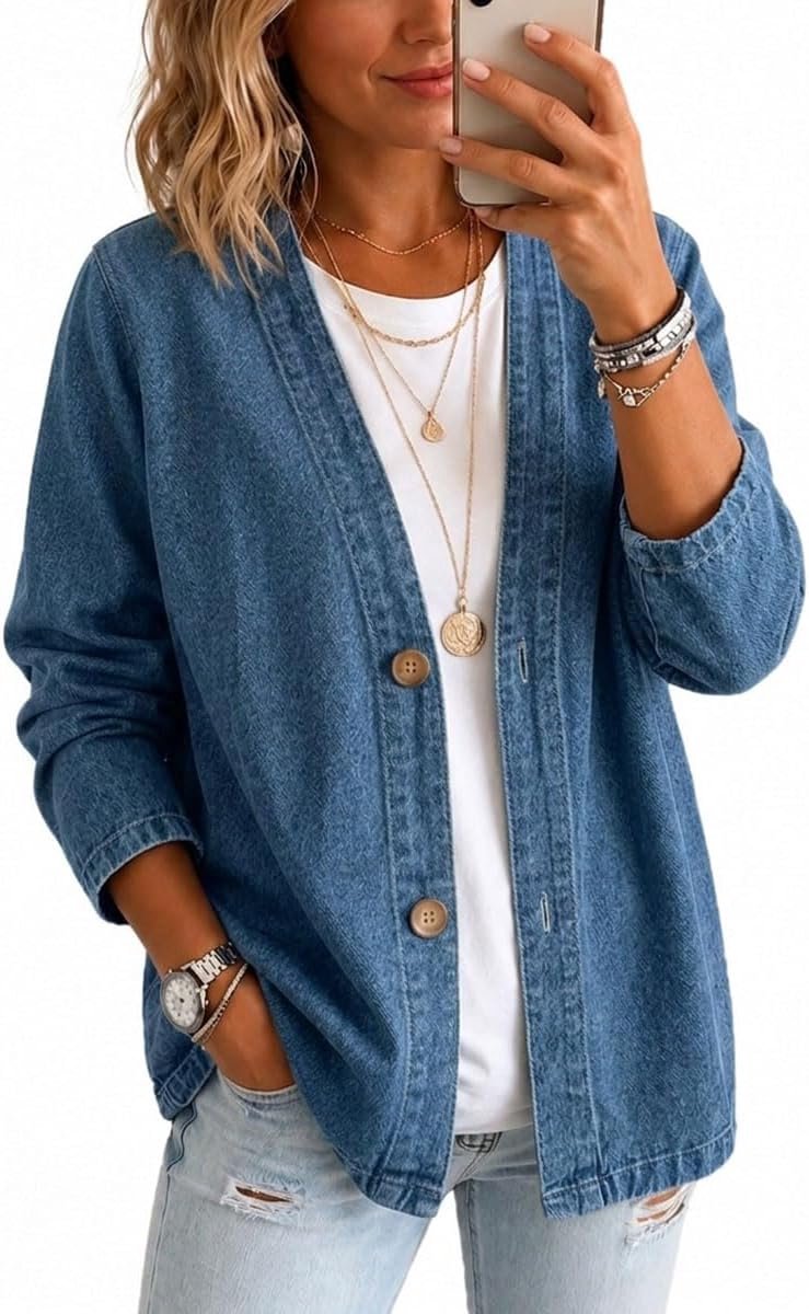 Retro casual denim jas V-hals denim jas button down streetwear vrijetijdsjas