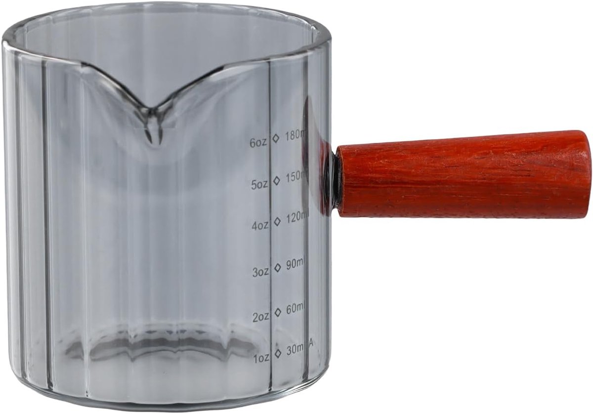 180 ml, glas met houten handvat, kleine maatbeker, espressokopjes, dikwandig, gegradueerde melkkan, praktische V-vormige uitloop