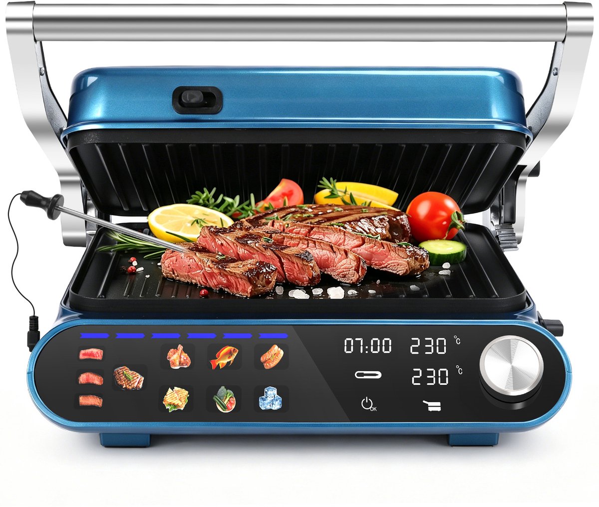Taylor Swoden Pantheon - Tosti apparaat - Contactgrill - Dubbele Temperatuurregeling - Tosti ijzer - 2000W - Panini Grill met Touchscreen en Draaiknop - 180° Uitklapbaar - Temperatuursonde - Instelbare Hoogte