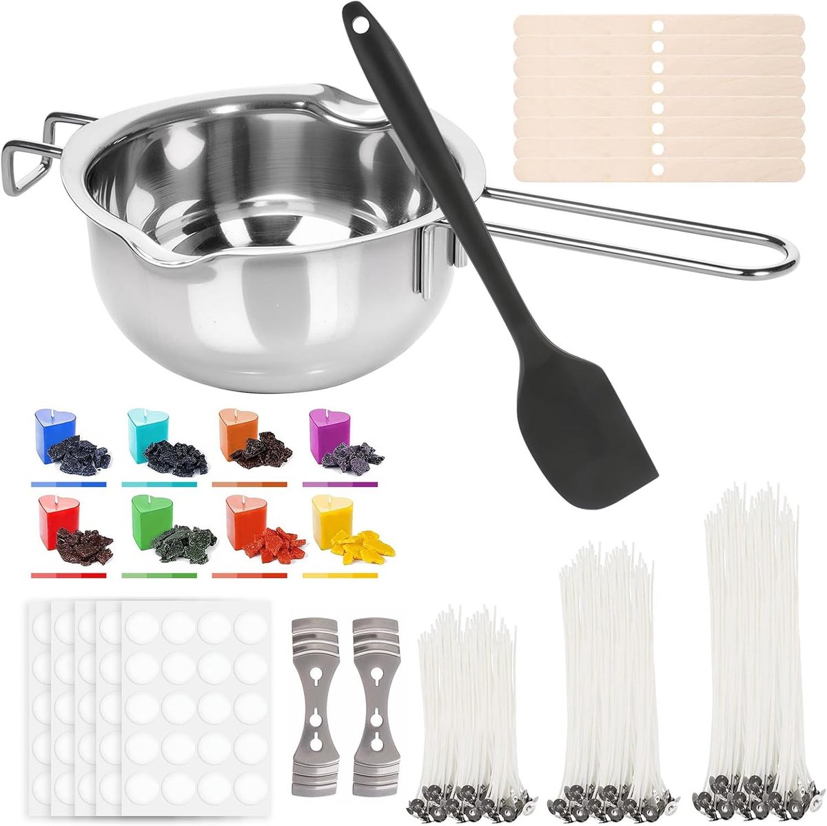 Kit voor het maken van kaarsen, knutselset met Melting Pot 600 ml, 100 kaarslonten, 8 kleurstoffen, 100 stickers, 8 lonthouders, 2 metalen lonthouders