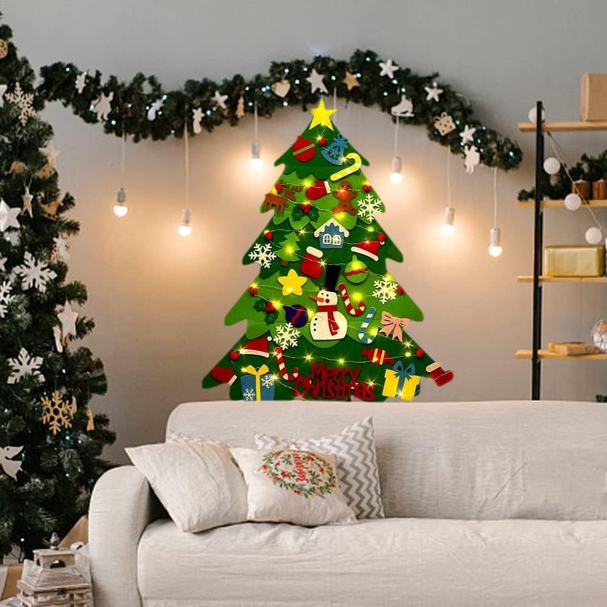 Vilten kerstboom Geschikt Voor kinderen - Ornamenten Hangende - DIY Vilt Kerstboom Geschikt Voor Kinderen - Wanddecoratie Geschikt Voor Kerst - 32 losse versieringen - Herbruikbare - DIY kerstboom decoratie - Met 3 meter lange lichtsnoeren – foto 5