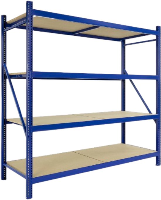 Blauw metalen stellingkast met vier houten legborden, 200x192x60 cm.