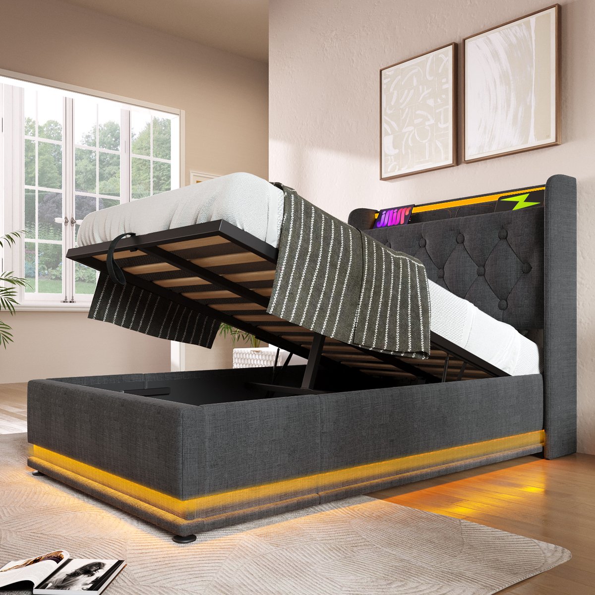 WUVRIE Gestoffeerd eenpersoonsbed 90x200 cm met LED, USB-C, opbergruimte en lattenbodem, grijs