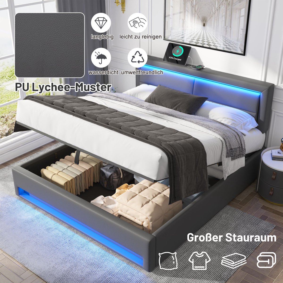 WUVRIE Gestoffeerd bed 160x200 cm met opbergruimte, USB-laadfunctie, draadloos laden en LED, grijs