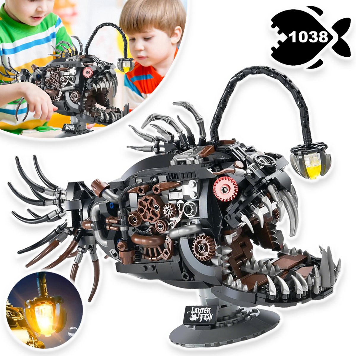 Mechanische Lantaarnvis Bouwblokken – Oplichtende Kop En Beweegbare Kaak – 1038 Stuks ABS En 30 cm – Creatief Cadeau Voor Volwassenen En Tieners