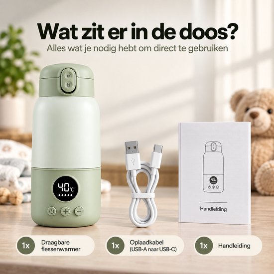 Nexeli NX-MW-02 Draagbare Flessenwarmer – 380 ml – 100W – 10.400 mAh – 45W Snelladen – Melkverwarmer voor Baby – Voor Thuis & Onderweg – Lichtgroen — afbeelding 5