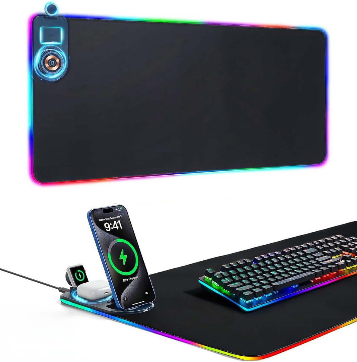 XXL RGB Gaming Muismat met Draadloze Oplader 15W – 3-in-1 Laadstation met Telefoonhouder en MagSafe Compatibiliteit
