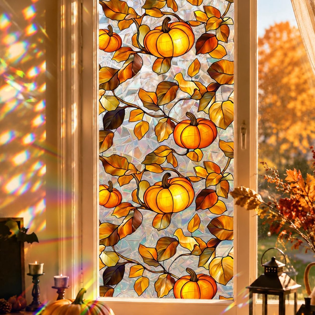 SNQ Halloween Raamstickers – Herfst Pompoen Glas-in-Lood Raamfolie – 43x100 cm – Kleurrijke Statische Vensterdecoratie – Zonder Lijm en Herbruikbaar – Voor Halloween, Thanksgiving en Herfst – Raam, Deur, Woonkamer, Keuken Slaapkamer - Winkel en Etalage