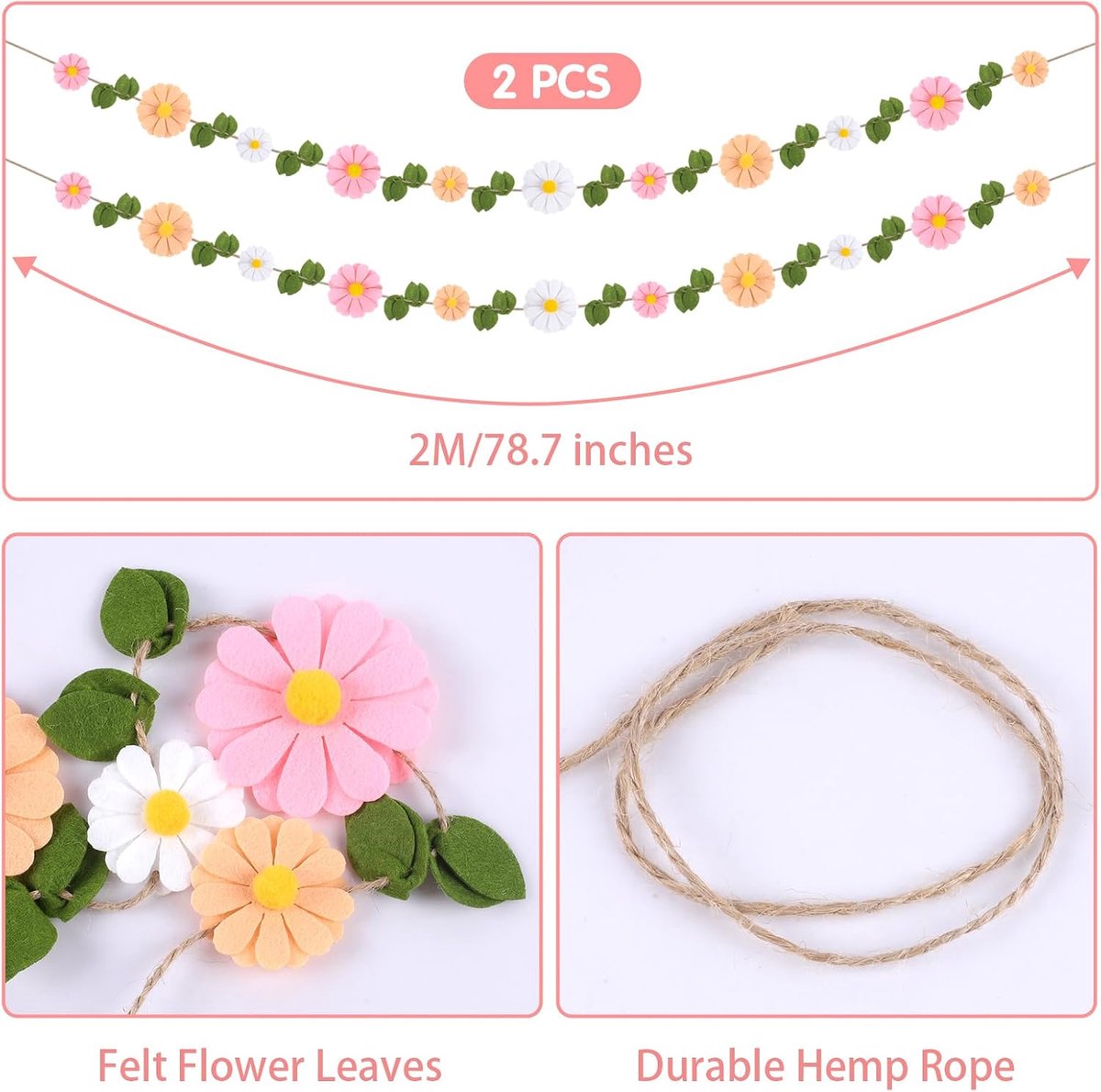 Winmany Felt Daisy Sunflower Garland Colorful Boho Wildflower Green Leaves Wall Hanging Decorations Birthday Wedding - ShopVlot
