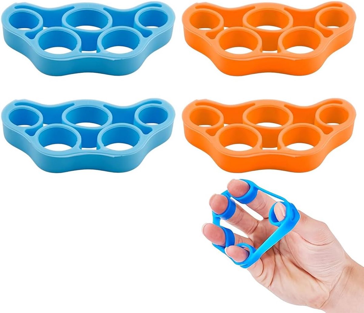Set van 4 siliconen weerstandsbanden voor vingers, handtrainer met 2 oranje en 2 blauw, revalidatie, kracht en herstel - ShopVlot