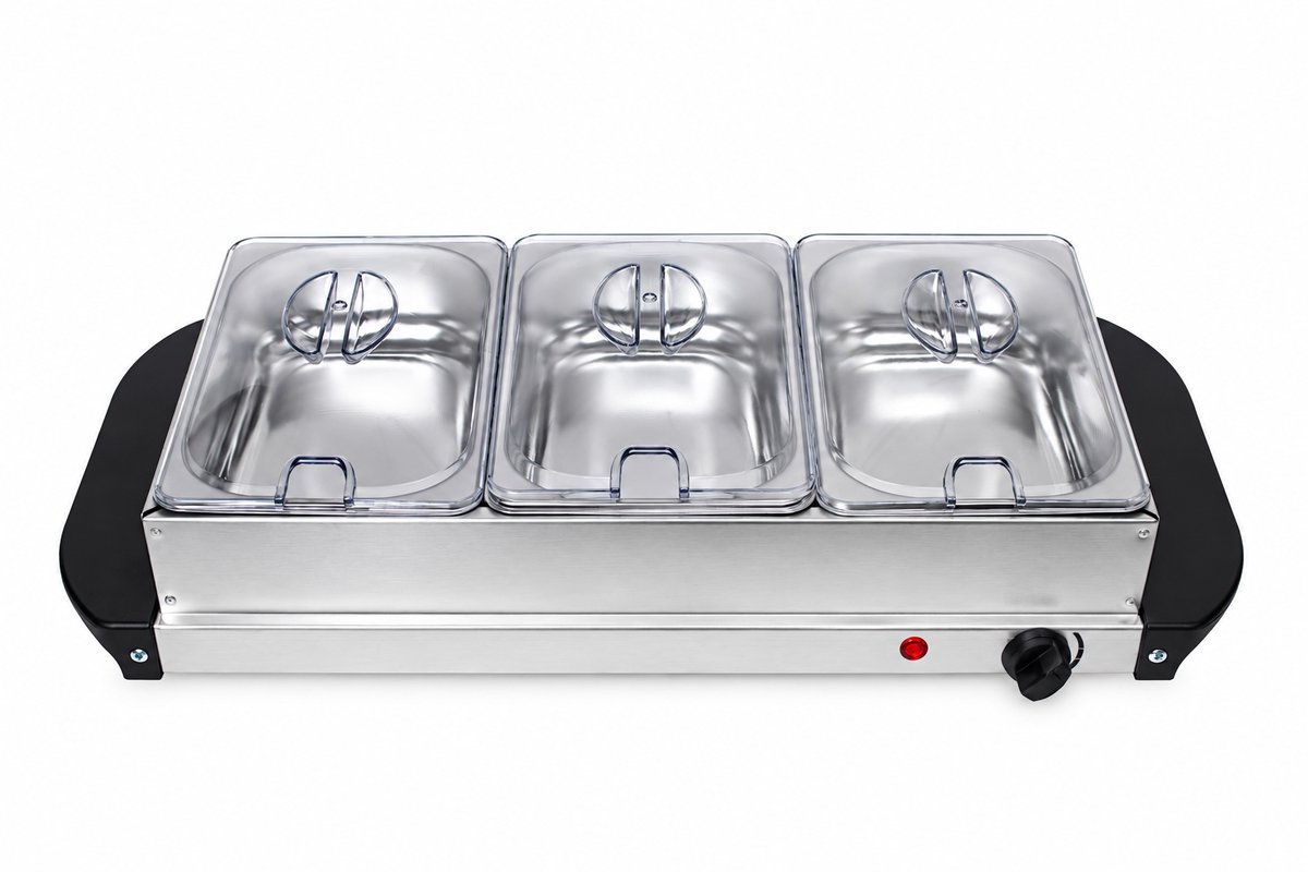Buffetwarmer 2-in-1 – Warmhoudplaat 200 W – 3 Warmhoudbakken van 1,5 L – RVS – Zilver