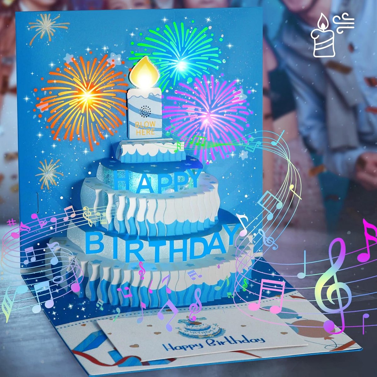 SnelShoppen - 3D Pop Up Verjaardagskaart met Muziek en Licht, Verjaardagskaart met Opblaasbare LED Kaars, Gelukkige Verjaardag Geschenken (Blauw)