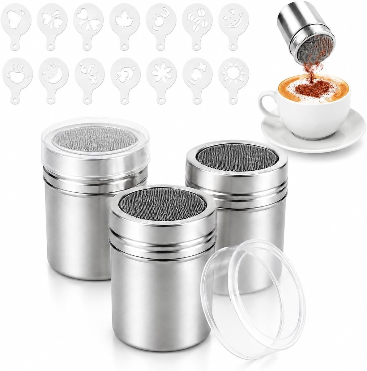 Stainless steel shakers 19-delig - met deksel - voor gelijkmatige verdeling van poeders - ShopVlot