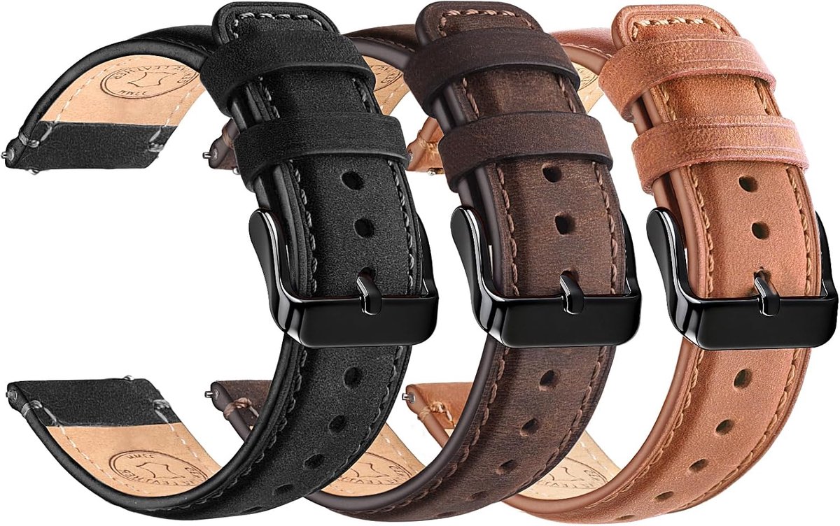 Wristitani Set of 3 Leather Watch Straps, 18 mm, 19 mm, 20 mm, 21 mm, 22 mm, 24 mm, Quick Release Metal Replacement - ShopVlot