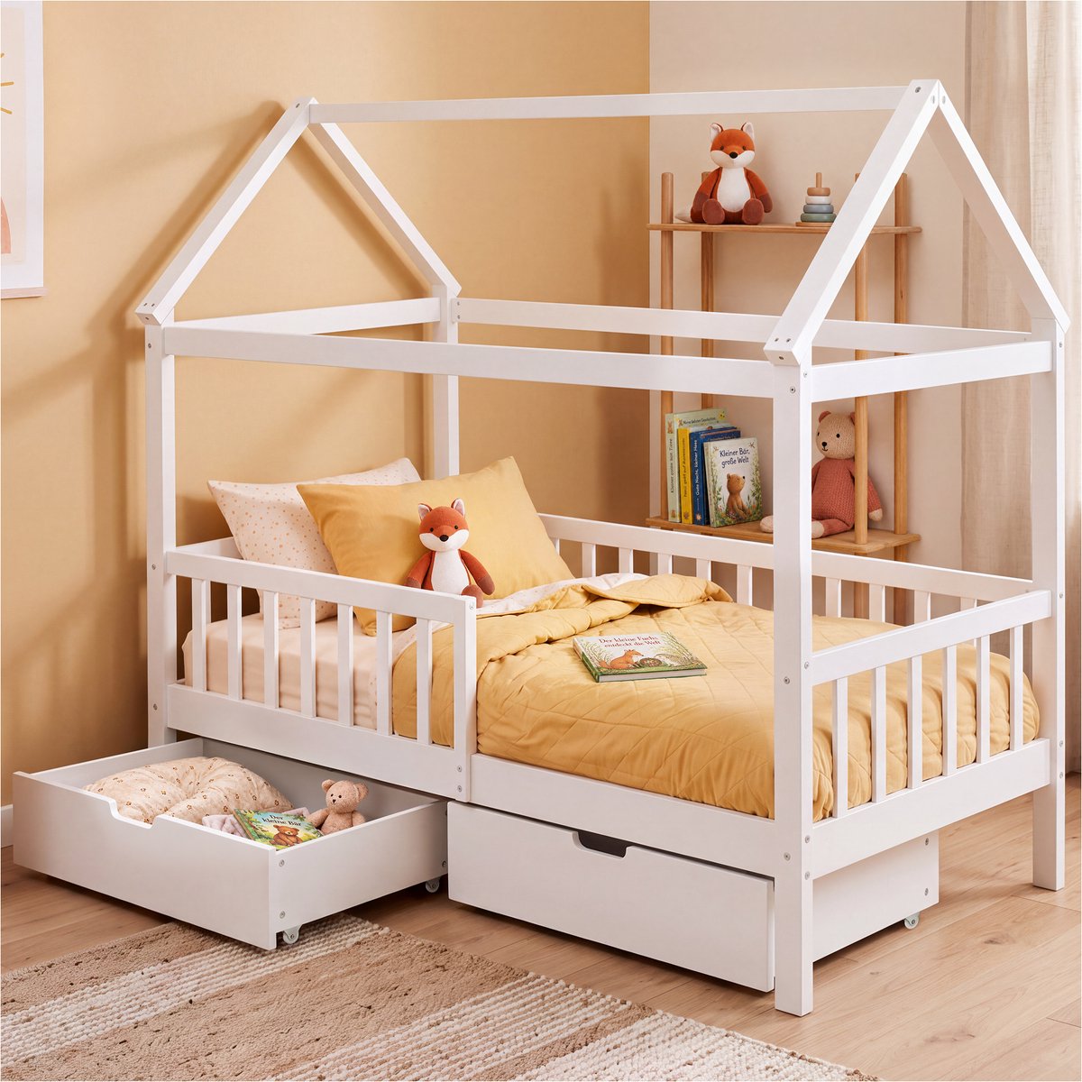 Tectake Kinderbed met Lades - Bedhuisje - Valbeveiliging - Grenenhout - Peuterbed met Opbergruimte - 80 x 160 - Geïnspireerd door Montessori - Lage Instap - Voor Jongens en Meisjes Wit