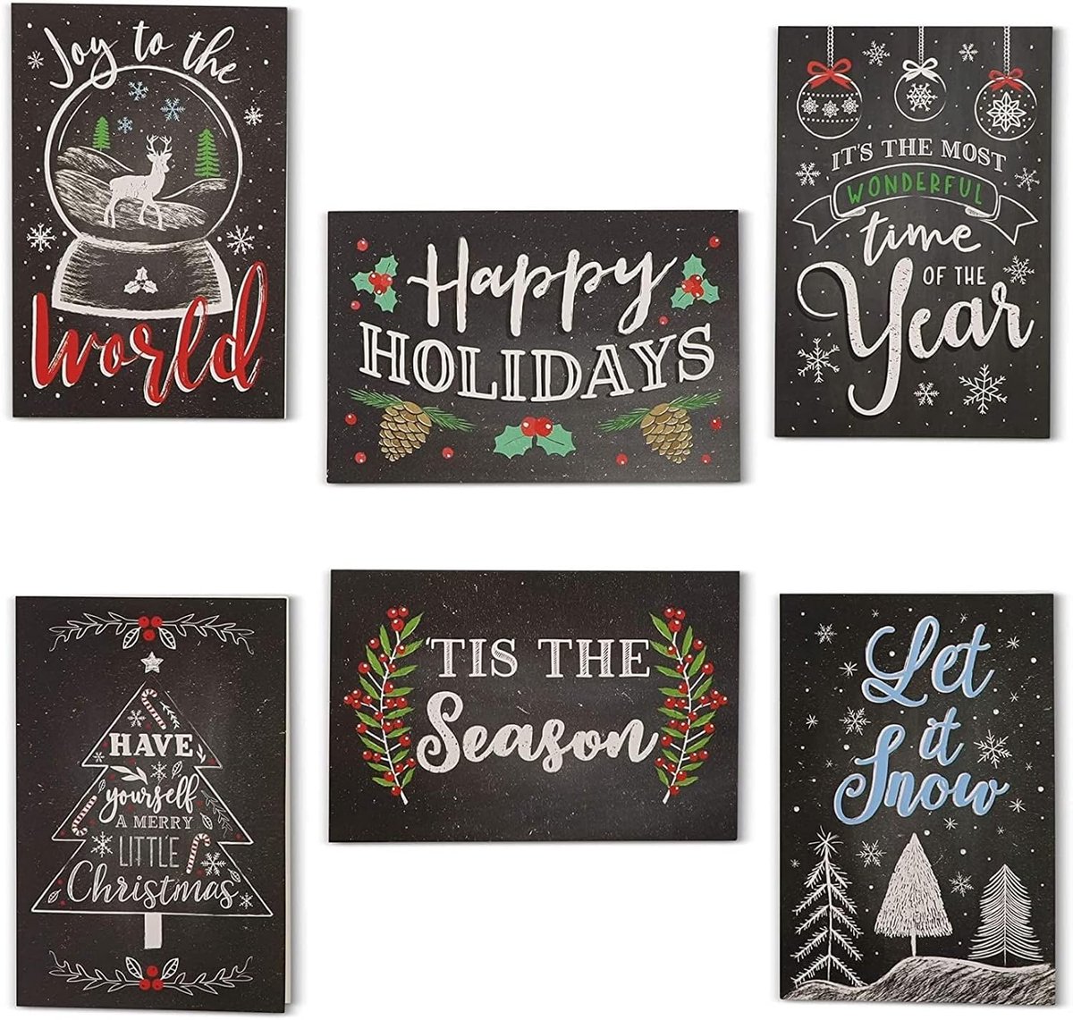 Kerstkaarten assortiment 48 stuks - rustiek zwart - 6 krijtbordontwerpen - perfecte feestgroet - ShopVlot