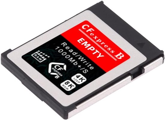 Zwarte CFexpress B-geheugenkaart met rood en zilveren label voor 4K en 8K RAW-ondersteuning.