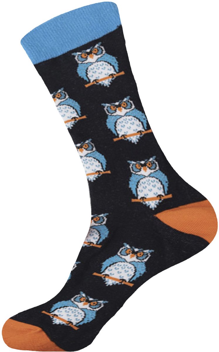 Heren sokken zwart / blauw print uil 40-46 - cadeau voor hem - geschenk man - cadeau mannen - kerst cadeau - verjaardagscadeau - vaderdag cadeau