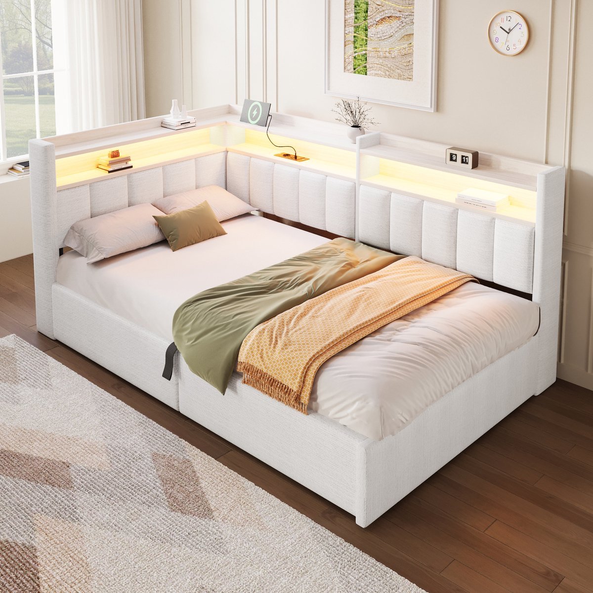 Merax Slaapbank 90 x 200 cm, met opbergruimte, LED-verlichting, USB-poort, zonder matras, fluweel, crème wit