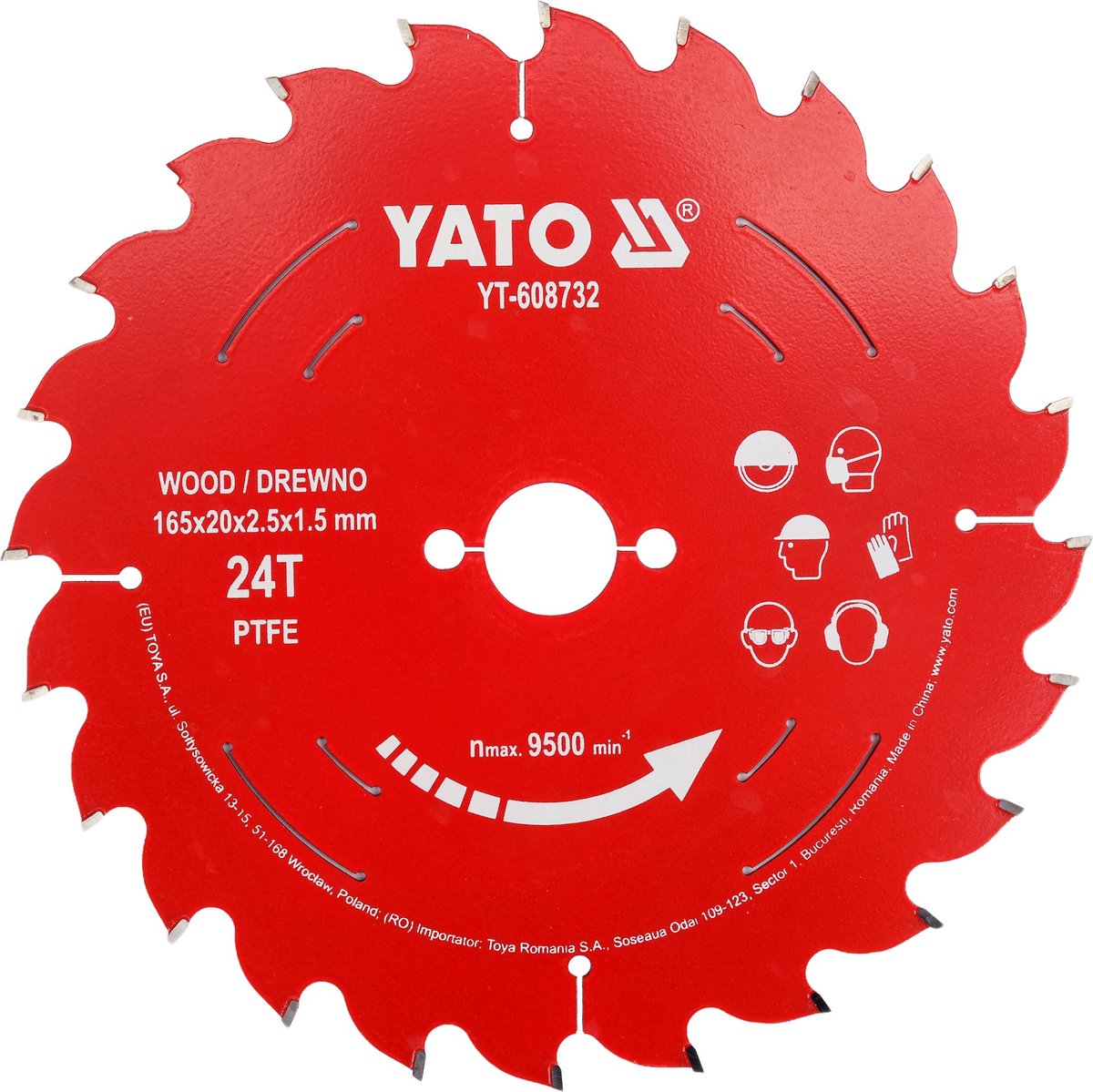 YATO YT-608732 TCT Cirkelzaagblad voor Hout - Ø 165 x 20 mm - 24T - PTFE Coated - Voor Hout & Plaatmateriaal